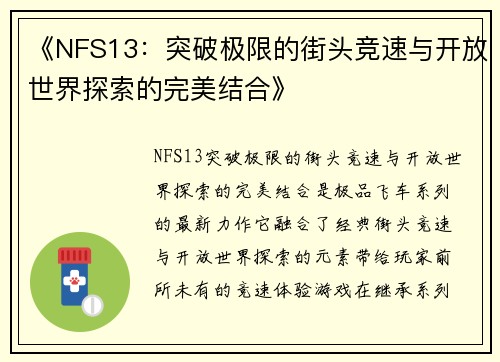 《NFS13：突破极限的街头竞速与开放世界探索的完美结合》