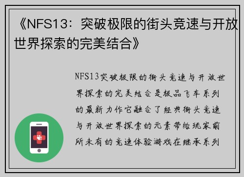 《NFS13：突破极限的街头竞速与开放世界探索的完美结合》